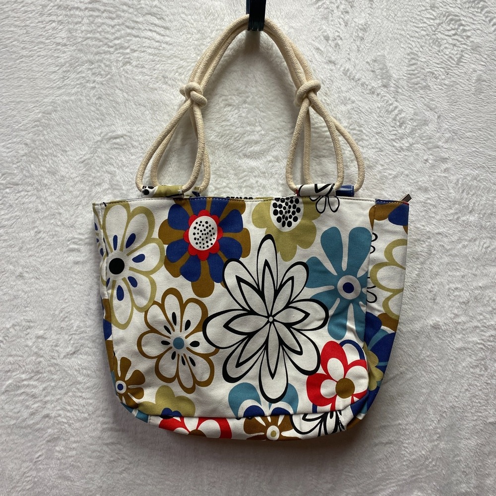 Farmhouse Style Floral Canvas Tote Bag Beige Lined Rope Handles Beach Travel